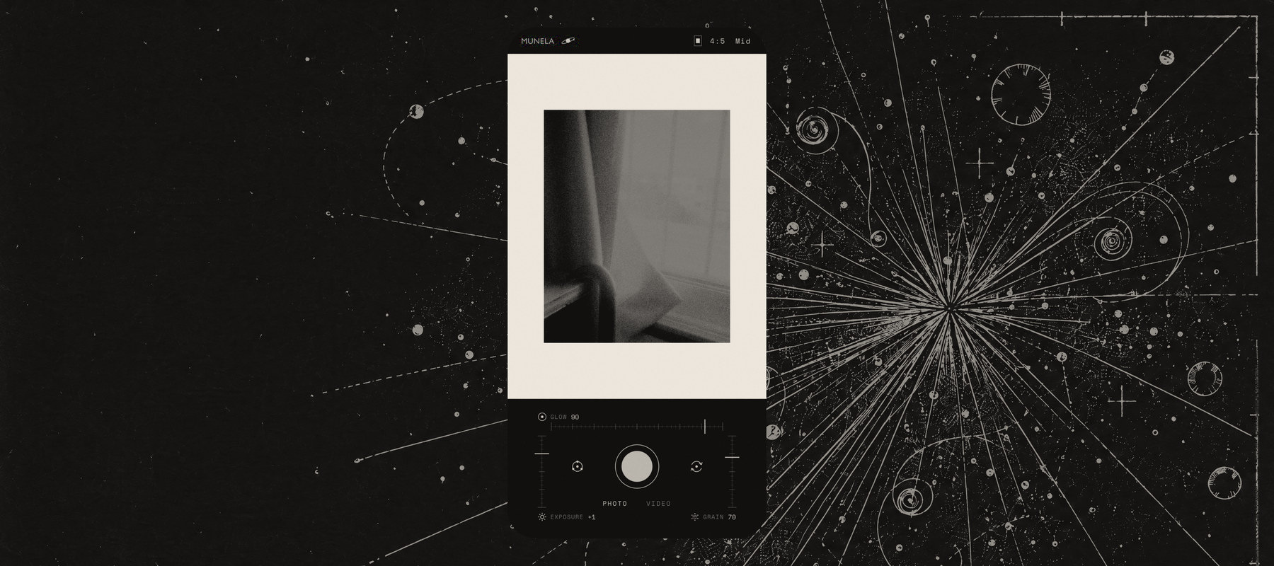 The MUNELA camera screen, set among star charts